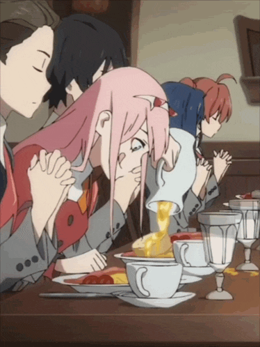 a group of anime characters are sitting at a table with plates and cups of food