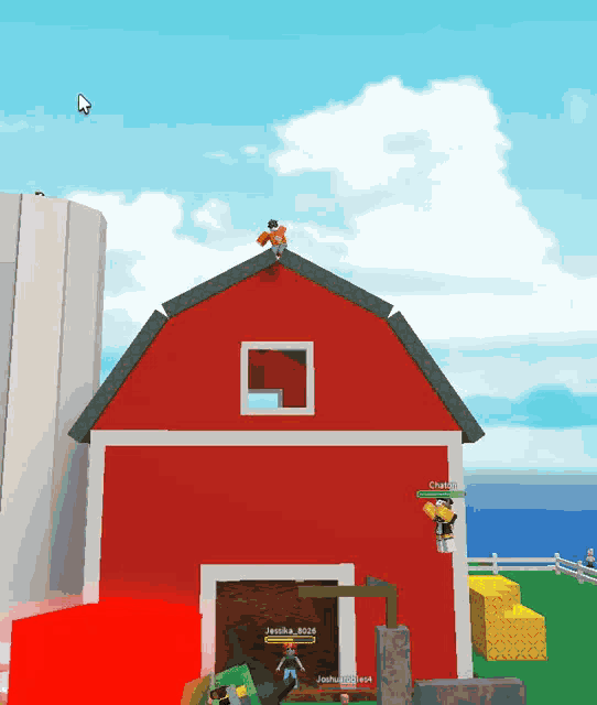 a red barn in a video game with a person on the roof named jessika