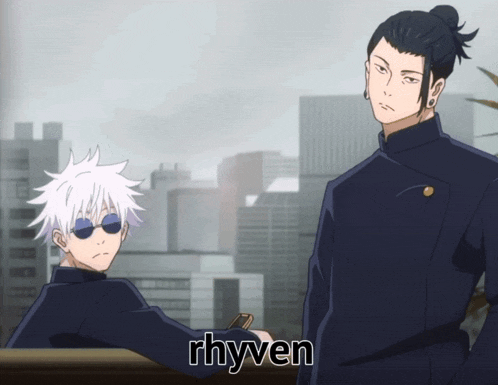 two anime characters are standing next to each other and the word rhyven is on the bottom right