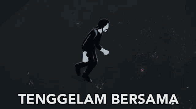 a cartoon of a man running with the words tenggelam bersama written below him