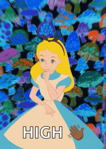 a poster of alice from alice in wonderland with mushrooms in the background and the words high below her