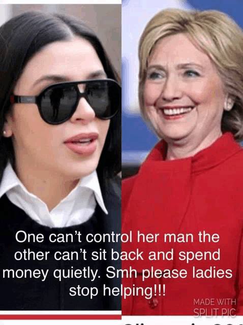 a woman wearing sunglasses next to a woman wearing a red coat