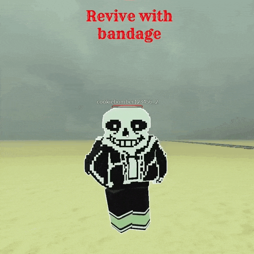 a skeleton in a video game with the words revive with bandage