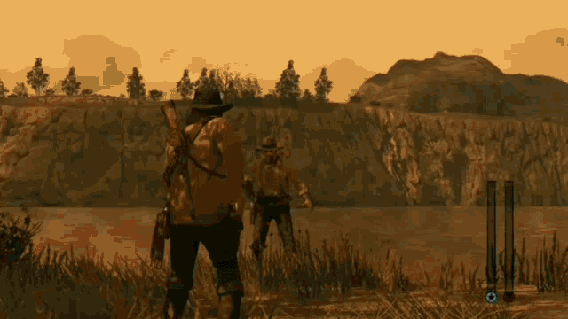 a man in a cowboy hat is standing in a field