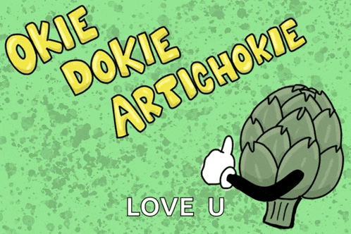 a cartoon artichoke giving a thumbs up with the words " love u " below it