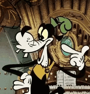 a goofy cartoon character is standing in front of a piano keyboard