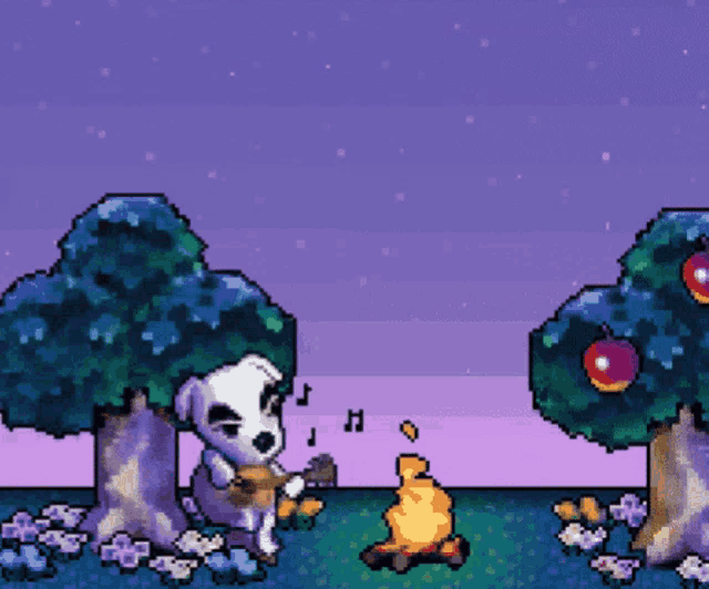 a pixel art drawing of a dog playing a guitar next to a campfire