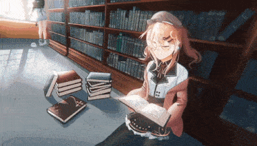 a girl is reading a book in a library with a stack of books on the floor