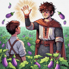 a cartoon of a man standing in a field of eggplant plants