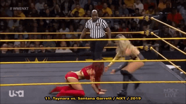 a wrestling match between taynara and santana garrett is shown on usa network