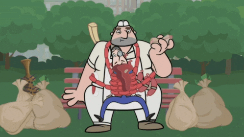 a cartoon of a man sitting on a bench with a sausage coming out of his mouth
