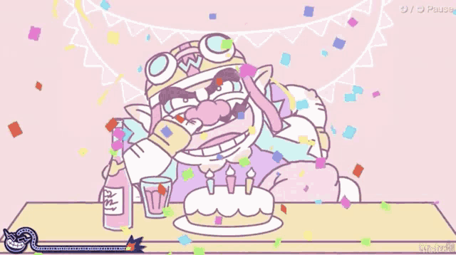 a cartoon character is sitting at a table with a cake and a bottle of beer