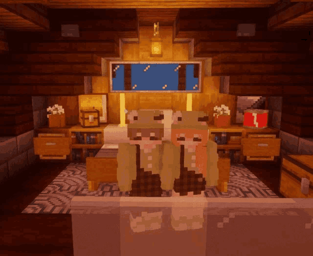 two minecraft characters are standing next to each other in a bedroom