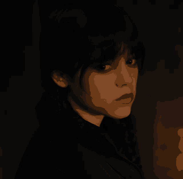 a close up of a woman 's face with dark hair