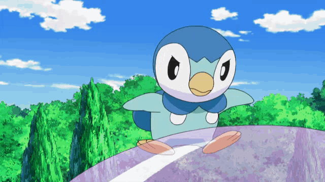 a cartoon penguin is sitting on top of a purple surface