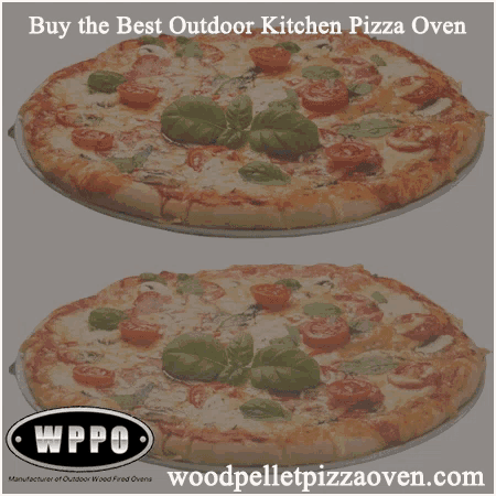 an advertisement for a wood pellet pizza oven shows two pizzas