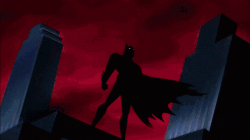 a cartoon of batman standing on top of a building with a lightning bolt behind him