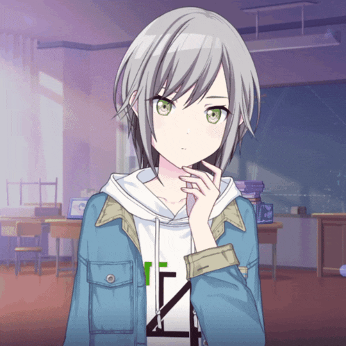 a girl with gray hair and green eyes is wearing a white shirt with the letter n on it