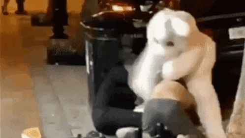 a person is laying on the ground next to a trash can with a stuffed animal on their head .