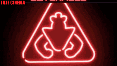 a red neon sign that says ' fuze cinema ' on the bottom