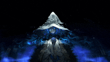 a witch with blue hair and a white hat stands in the dark