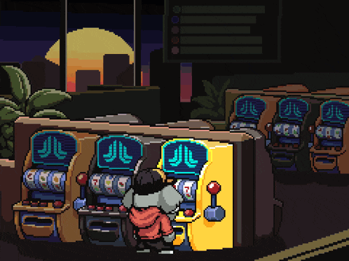 a pixel art of a person playing a slot machine with the letter jl on it