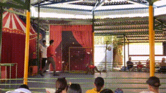 a group of people are sitting in a boxing ring in front of a circus tent .