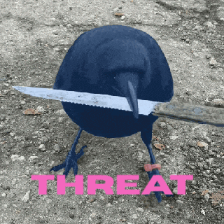 a bird is holding a knife in its beak and the word threat is on the ground below it