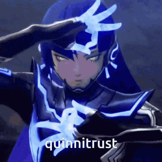 a video game character salutes with the words quinnitrust written below her