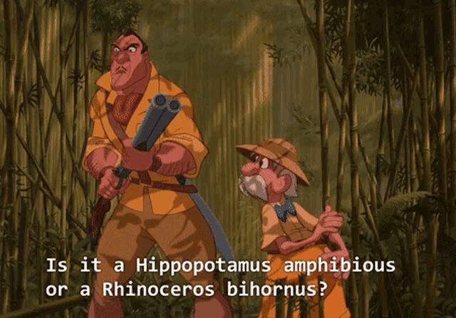 a cartoon of a man holding a sword and another man holding a rhinoceros bishornus