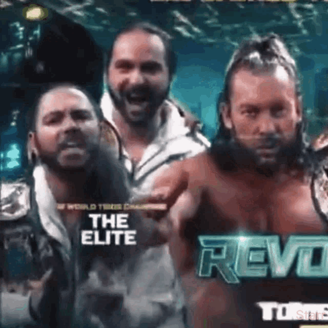 a group of men are standing next to each other in front of a sign that says reve .