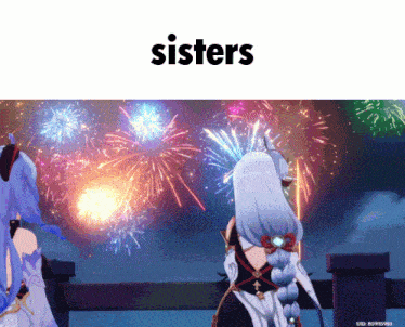 two anime characters standing in front of fireworks with the word sisters on the bottom