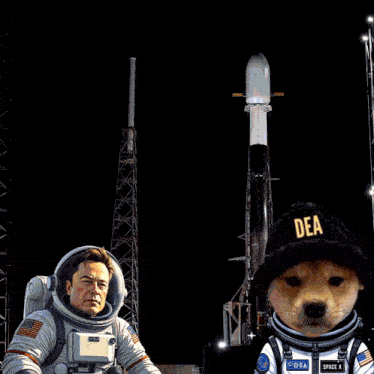a dog in a space suit with the word dea on his hat