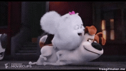 a couple of cartoon animals are laying on top of each other .