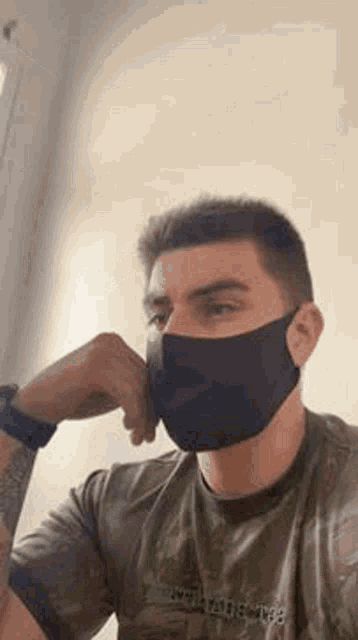 a man wearing a face mask and a camouflage shirt is sitting at a table .