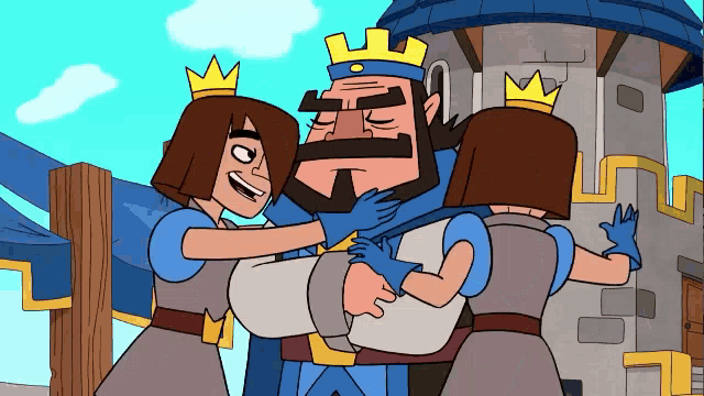 a cartoon of a king being hugged by two queens