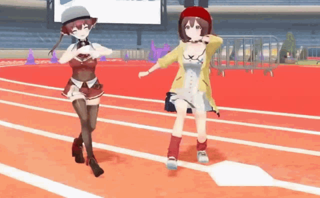 two anime girls are dancing on a track in front of a crowd