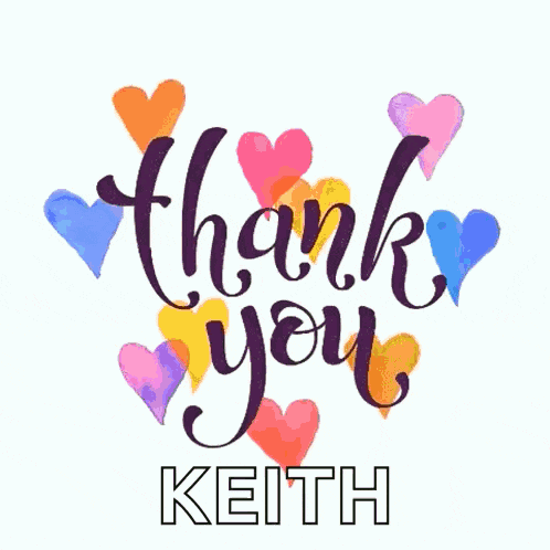 a thank you card with hearts and the name keith on it .