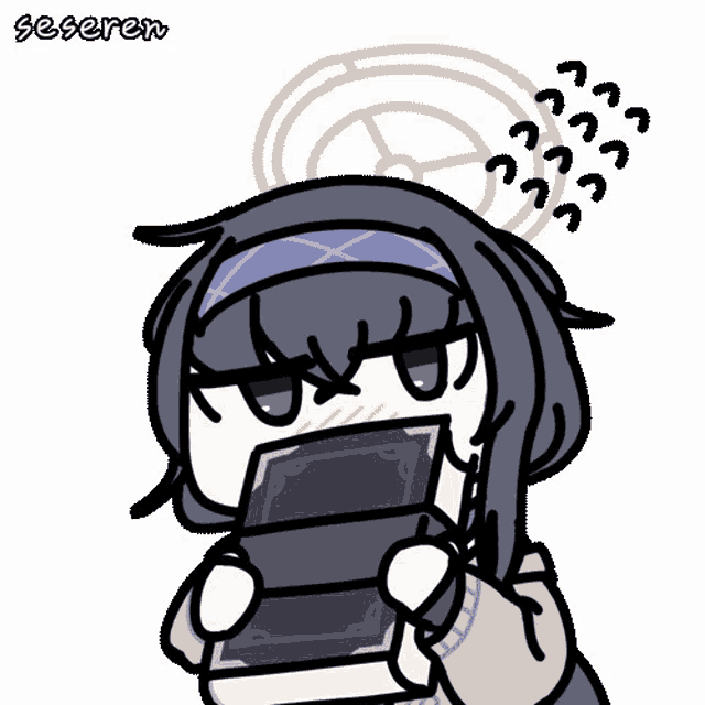 a cartoon drawing of a girl holding a book with the words seeeren on the bottom right