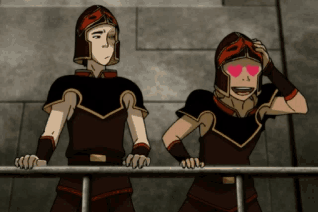 a couple of cartoon characters standing next to each other with hearts on their faces