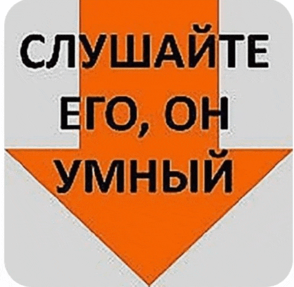 an arrow pointing down with the words " слушайте его он умный "