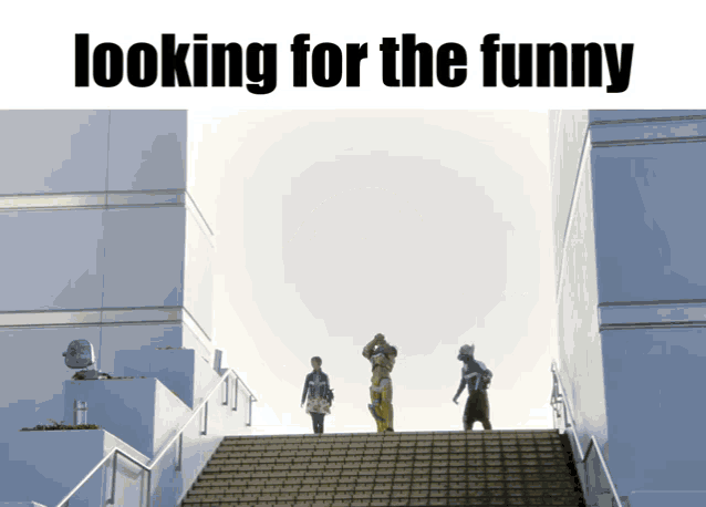 a group of people standing on top of a set of stairs with the words looking for the funny above them