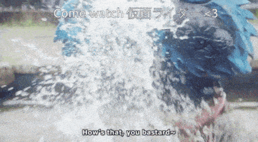 a person in a blue shirt is splashed with water and says come watch