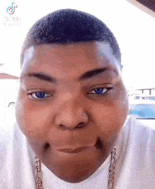 a close up of a person 's face with blue eyes and a nose piercing .