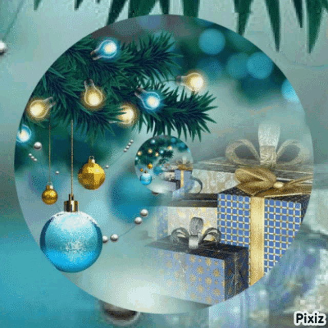 a christmas tree with blue and gold ornaments and gifts underneath it