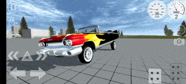 a red and yellow car is parked in a parking lot with a speedometer that reads 35 mph