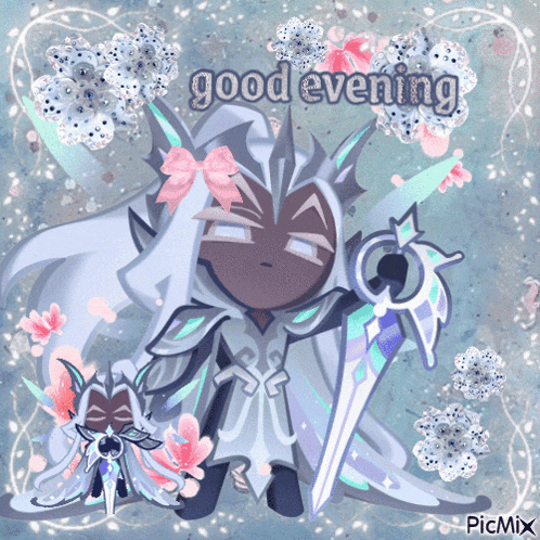 a cartoon character with a sword and the words good evening