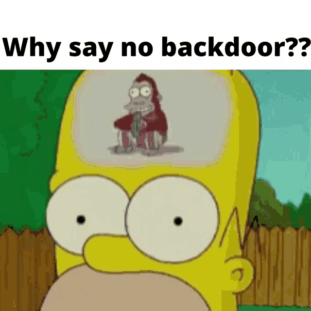 a cartoon of homer simpson with a monkey in his head and the words why say no backdoor