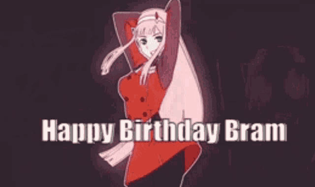 a cartoon of a girl in a red dress with the words happy birthday bram written on the bottom