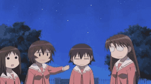 a group of anime girls are standing in front of a blue sky